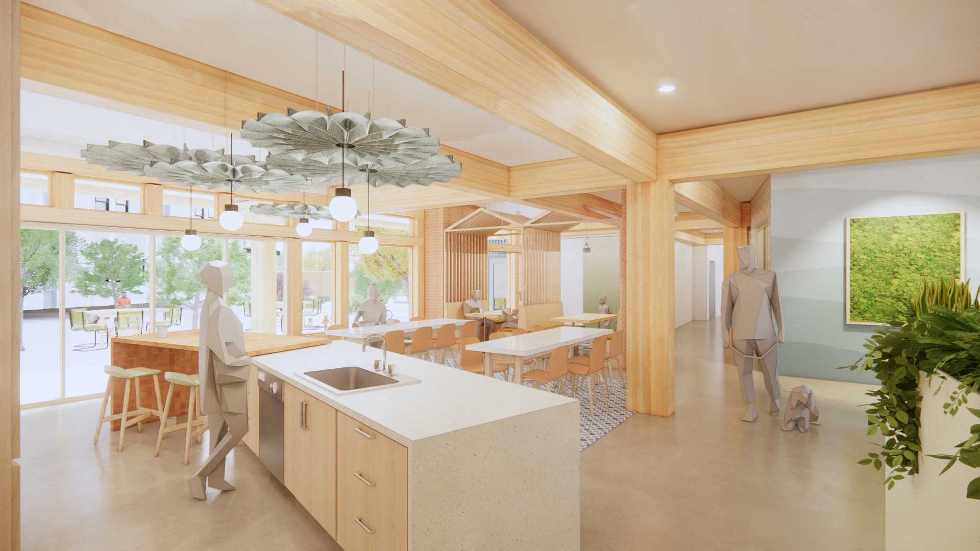 a rendering of a kitchen and dining room in a house